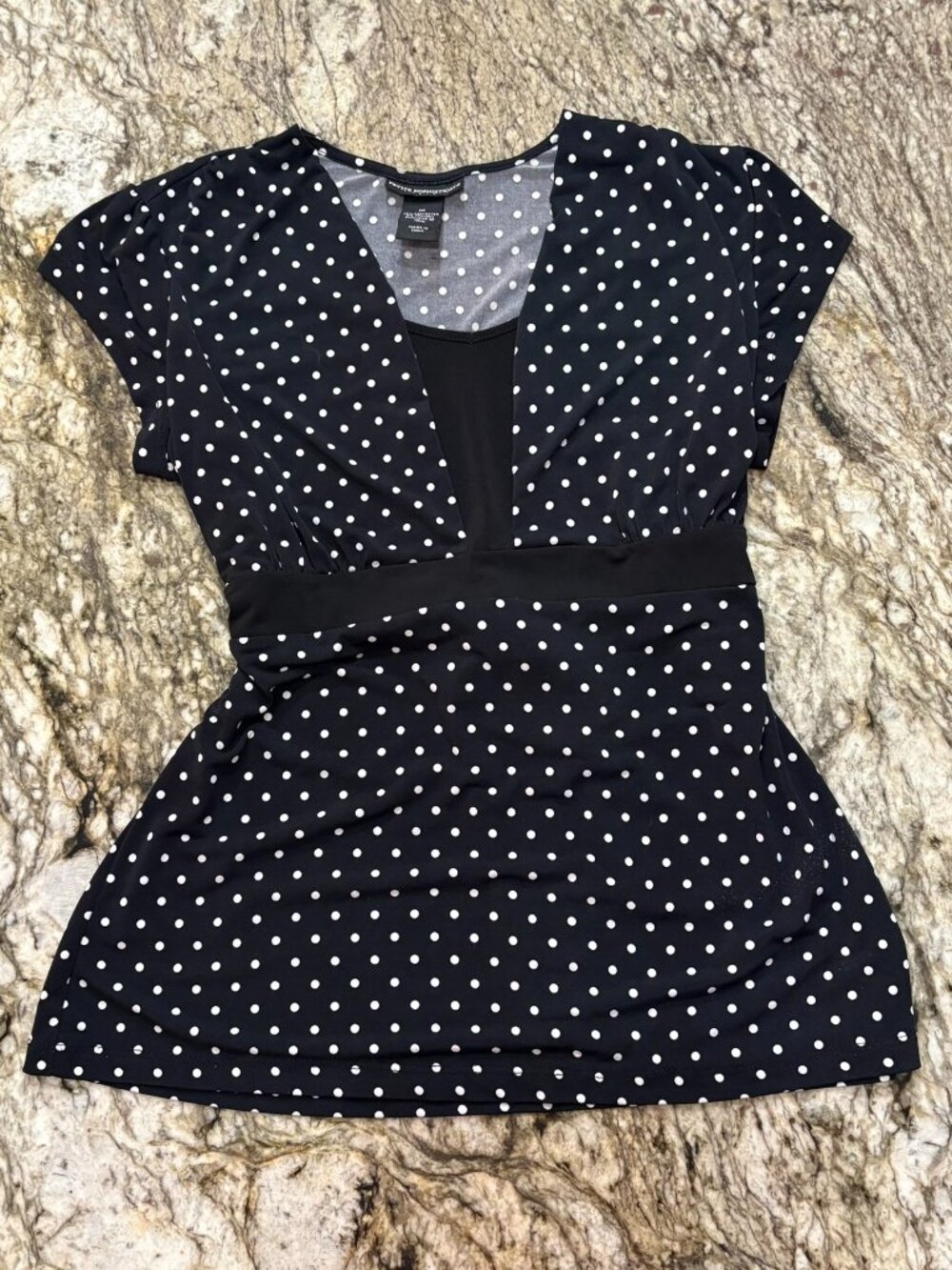 Petite Sophisticate Black White Polka Dot Faux Wrap Tie Waist Top